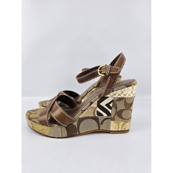 COACH Alina Brown Gold Signature Patchwork Platform Strappy Wedge Sandals 7.5 B - Picture 2 of 8